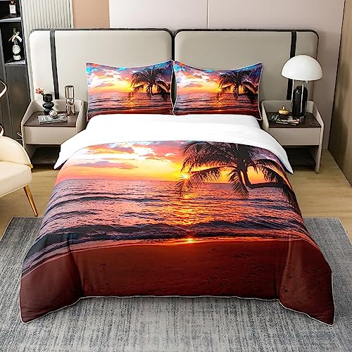 Palmen 100% Baumwolle Bettbezug 155x220 Ozean Strand Tröster Abdeckung Sonnenuntergang Hawaii Tropische Blätter Meer Welle Küste Bettwäsche Set Mediterrane Landschaft Quilt Cover mit 1 Kissenbezug von Homewish