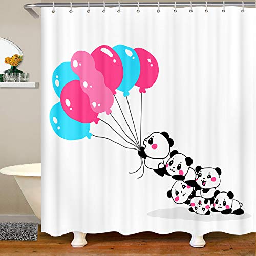 Panda Duschvorhang für Kinder Badezimmer, Ballon Girly Schöne Tier Cartoon Stil Bad Vorhang für Kinder Jungen Mädchen, Stoff Stoff Badezimmer Dekor Set mit Haken, Weiß, 180x210 (BxL) von Homewish