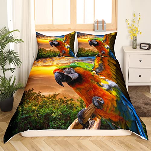 Papagei Bettwäsche Set 135x200 Bunte Feder Bettbezug für Kinder Frauen Regen Bäume Vogel Tröster Abdeckung Sonnenuntergang Bergbäume Natürliche Quilt Cover mit 1 Kissenbezug Schlafzimmer Dekoration von Homewish