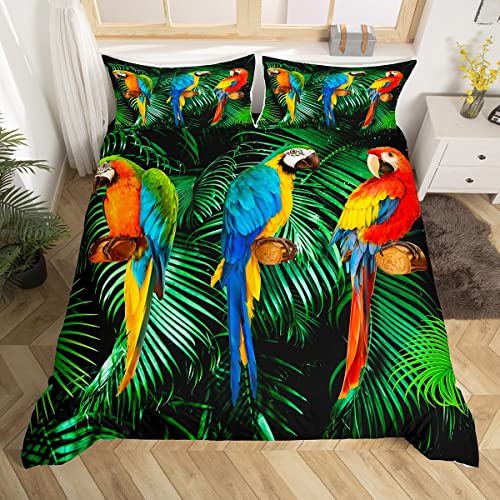 Papageien-Bettwäsche-Set, Doppelbett, Aquarell-Tier-Feder-Bettbezug-Set, Palmblatt-Bettbezug, tropische Pflanze, Vögel, Steppdeckenbezug und 2 Kissenbezüge für Schlafzimmer von Homewish