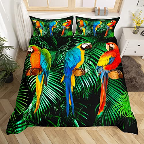 Papageien-Bettwäsche-Set für Einzelbett, Aquarell-Tier-Feder-Bettbezug-Set, Palmblatt-Bettbezug, tropische Pflanzen, Vögel, Steppdeckenbezug und 1 Kissenbezug für Schlafzimmer von Homewish