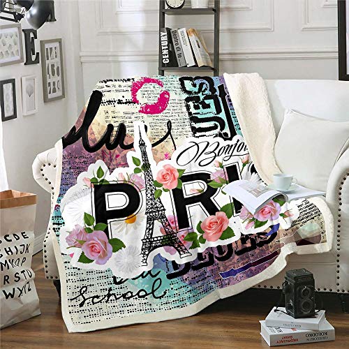 Paris Sherpa Decke Eiffelturm Decke Werfen Rosa Lippen Frühling Floral Tie Dye Fleece Decke Für Kinder Mädchen Frauen Gitarre Romantische Frankreich Berühmten Stadtbild Fuzzy Decke Sofa Dekor 150×200 von Homewish