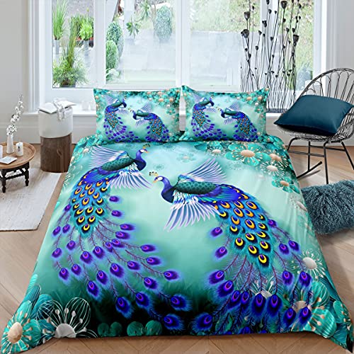 Pfau Bettbezug für Mädchen Teens Frauen 155x220 Paar Pfauen Feder Bettwäsche Set Chic Grün Blumen Blumen Trösterbezug Romantisch Luxus Weicher Bettbezug 1 Kissenbezug Blau von Homewish