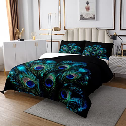 Pfauenfeder Tagesdecke Wildtier Gesteppt für Jungen Mädchen Frauen Erwachsene,Wildtier Tagesdecke Modische Neuheit Luxus Tagesdecke Quilt-Set 240x260,Blau Grün Blaugrün Schwarz Schlafzimmer Dekor von Homewish
