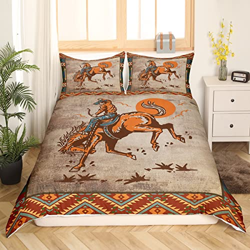 Pferd Reiten Bettwäsche 135x200 Kinder Jungen Weinlese Board Sonnenuntergang Bettwäsche Set Western Cowboy Reiter Wild Tier Bettbezug Rustikale Tribal Retro Schlafzimmer Dekor Orange Brown Bett Set von Homewish