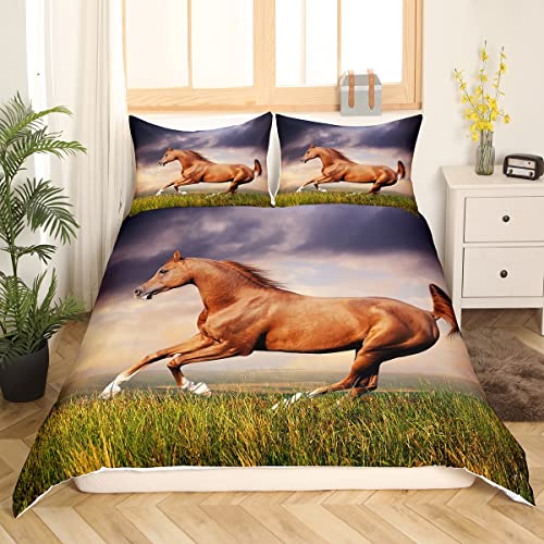 Pferde Bettwäsche 135x200 Mädchen Braun Galoppierender Pferde Bettwäsche Set 3D Bauernhof Tier Gedruckte Bettbezug für Kinder Frauen Sonnenuntergang Landschaft Weide Natur Bettbezug 1 Kissenbezug von Homewish