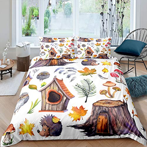 Pilz Tröster Abdeckung Igel Eule Bettwäsche Set Herbst Falling Leaf Fungus Botanischer Bettbezug für Kinder Mädchen Wald Tier Thema Natürliche Tagesdecken Abdeckung Kind Schlafzimmer Dekor ,135x200 von Homewish