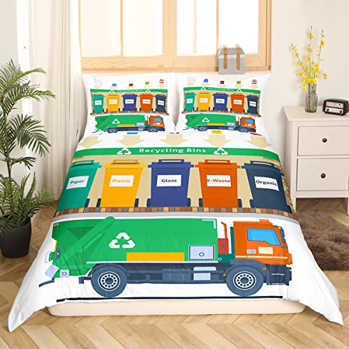 Recycling Müllwagen Bettwäsche 135x200,Grüner Müllwagen Bettbezug für Kinder Jungen Mädchen Jugendliche,Bunte Recycling Tonnen Bettwäsche Set Abfallwirtschaft Thematischer Bett Set mit 1 Kissenbezug von Homewish