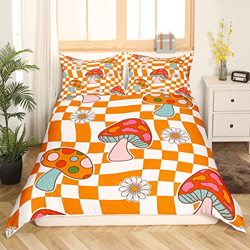 Retro 60Er 70Er Jahre Groovy Blumen Bettwäsche,Kawaii Trippy Pilz Bettwäsche Set für Mädchen Frauen Erwachsene,Nette 1970Er Daisy Hippie Bettbezug 135x200,Orange Weiß Kariert Karierte Bettbezug von Homewish