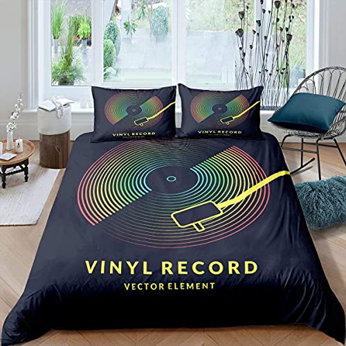 Rockmusik Bettbezug,Vinyl Schallplatte Tröster Abdeckung,Hip Hop Hippie Grunge Stil Bettbezug, Regenbogen schillernde Bettwäsche Set (Keine Tröster) Schwarz Wohnheim Dekorativ 2 Stücke 135x200 von Homewish