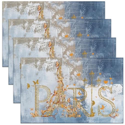 Romantische Paris Tischsets Set von 4 Valentinstag Platzmatten Eiffelturm Tischmatten,Hellblaue Graffiti 45Bx30L Hippie Tie Dye Meal Matten für Esstisch von Homewish