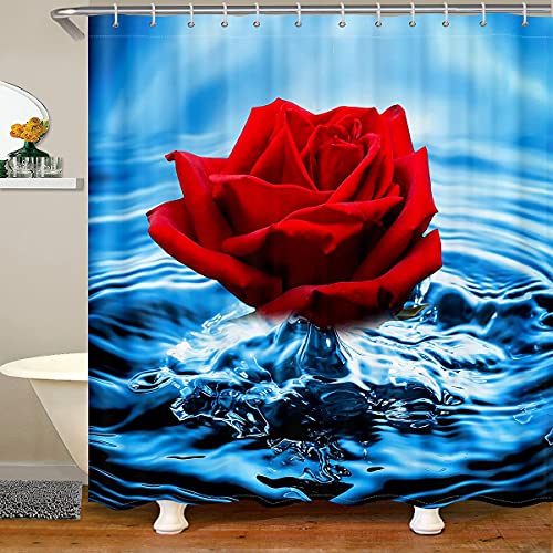 Rose Duschvorhang Romantische Blumenblüte Rote Rose Reflexion auf Wasser Bad Vorhang, Stoff Bad Vorhang mit 12 Haken, blau und rot Bad Vorhang, maschinenwaschbar, 180X200 von Homewish