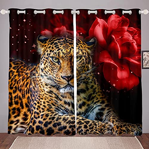 Rose Gepard Vorhänge Leopardenmuster svorhang,Romantische Rote Blumen Fenster Behandlung 3D Tier Katzenvorhang,moderne Blumen Dekor Fenster Vorhänge 2 Panels für Kinder Mädchen Frauen,46"X 72" von Homewish
