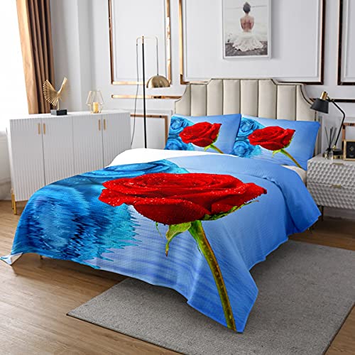 Rose Tagesdecke 220x240, Exotische Blumen Bettdecke Set Für Kinder Mädchen Frauen Schlafzimmer, Romantisches Gartenthema Gesteppte Bettdecke Blumen Blütenblatt Bettwäsche Set, Blau Rot von Homewish