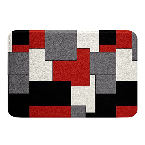 Rot Grau Weiß Schwarz Badvorleger Geometrische Quadratische Badezimmerteppiche 40x60cm Jugend Streifen Linien Badezimmermatte rutschfeste Kinder Jungen Mädchen Moderne Abstrakte Gitter Badematte von Homewish