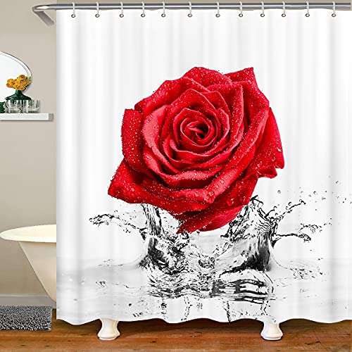 Rote Rose Duschvorhang Blume Bad Vorhang Rose Blumen Bad Duschvorhang Modernes abstraktes Muster Bad Vorhänge Wasserdichter Stoff Stoff für Badezimmer Dekor 180x180 (BxL) von Homewish