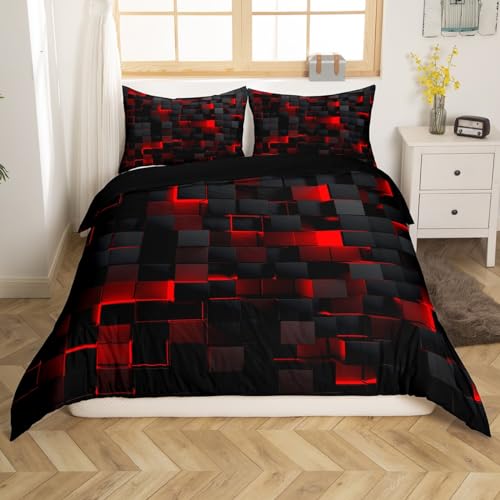 Rote und Schwarze Jungen Bettwäsche Set 220x240 Neon Geometrisch Karierte Kinder Tröster Abdeckung Teen Abstrakte Quadratische Gitter Bettbezug Glühende Plaid Check Bett Set Moderne Zimmer Dekor von Homewish