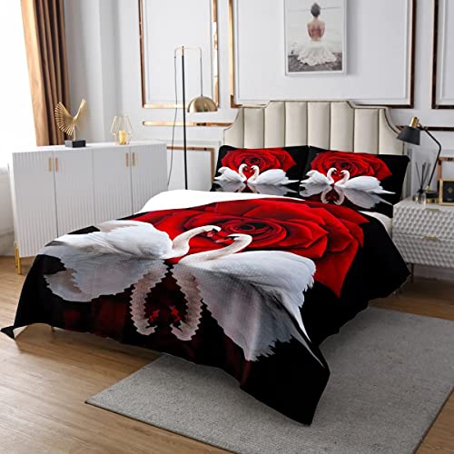 Roten Rosen Tagesdecke Weißer Schwan Gesteppt 240x260,Vögeln Tagesdecke Romantischen Blumen Wildtiere Tagesdecke Quilt-Set Schlafzimmer Dekor für Mädchen Damen Glückliches von Homewish