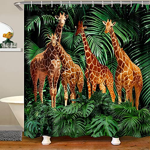 Safari Giraffe Badevorhang Palmblätter Duschvorhang Tropische Pflanzen Wildtiere Tiere Badewanne Duschvorhang Grüne Blätter Badevorhang Für Jungen Mädchen Teenager Zoo Badezimmer Sets 180x200 (BxL) von Homewish