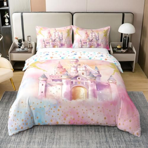 Schloss 100% Baumwolle Bettbezug für Kinder Jungen Mädchen,Prinzessin Fee Bettwäsche Set 135x200,Regenbogen Ombre Tröster Abdeckung,Galaxy Bett Set mit 1 Kissenbezug für Schlafzimmer von Homewish