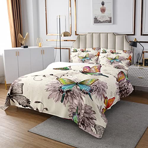 Schmetterling Tagesdecke Aquarellblumen Gesteppt 170x210 für Frauen Mädchen Teenager Erwachsene,Buntes Schmetterlings Blumen Tagesdecke,Jahrgang Grunge Blumen Tagesdecke Quilt-Set Schlafzimmerdekor von Homewish