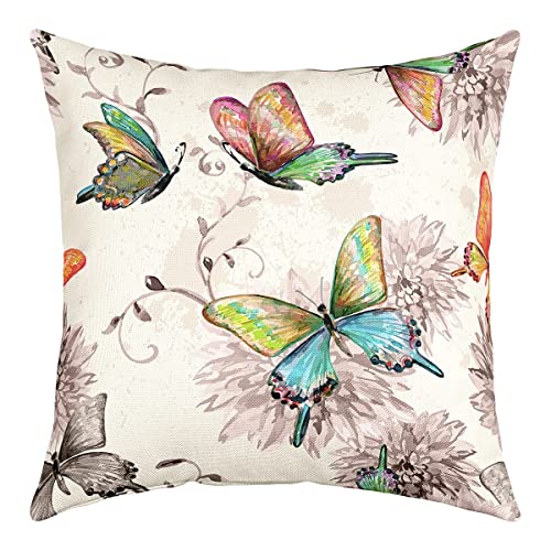 Schmetterlings Kissenbezug 45 x 45 Aquarell Blumen Kissenbezug für Frauen Mädchen Teenager Bunter Schmetterling Blumen Kissenbezug Vintage Grunge Floraler Dekorativer Quadratischer Kissenbezug von Homewish