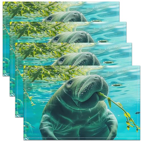 Schöne Manatee Tischsets 45Bx30L Set von 4,3D Manatee Tisch Tischsets für Manatee Liebhaber,Unterwasser Oase Platzmatten,Hawaii Marine Leben Hitzebeständige Tischsets,Blau Grün von Homewish