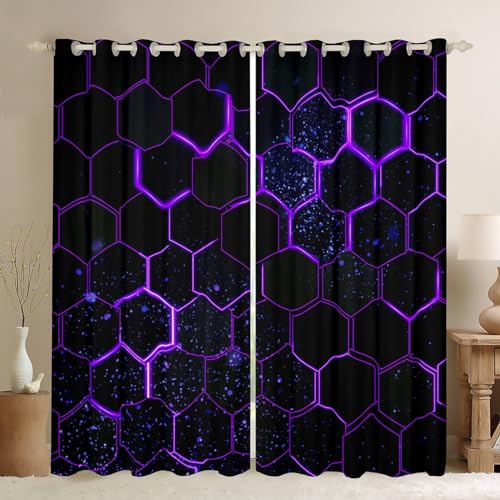 Schwarz Lila Honigwaben Verdunkelungs Vorhänge Neon Hexagon Vorhänge Geometrische Bienenstock Fenster Vorhänge für Wohnzimmer 2 Platten 140Bx245L,Abstrakte Linie Kunst Moderne Geometrie Zimmer Dekor von Homewish