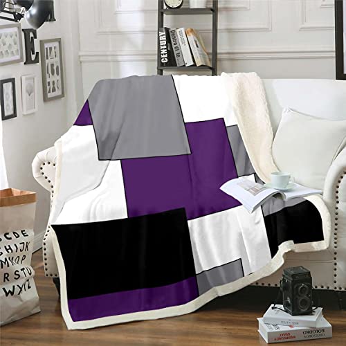 Schwarz Weiß Decke Geometrisches Quadratisches Sherpa Decke 150 x 200 Junger Mann Geometrische Streifen Linien Fleece Decke für Kinder Jungen Mädchen Modern Stil Sherpa Decke,Grau Lila Zimmer Dekor von Homewish