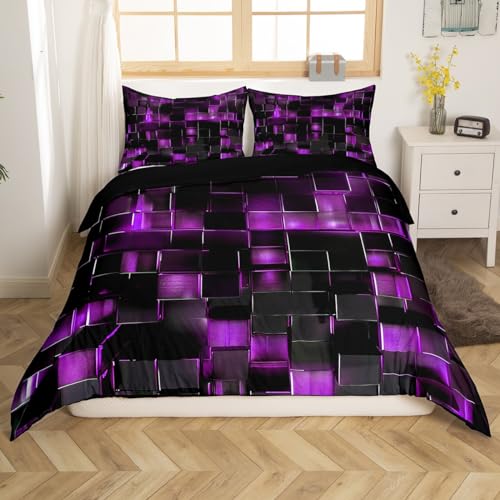 Schwarz und Lila Bettbezug Moderne Geometrische Tröster Abdeckung Gradient Neon Würfel Mädchen 135x200 Bettwäsche Sets, Abstrakte Quadratische Gitter Bett Set Geometrie Gitter Wand Ziegel Dekor von Homewish