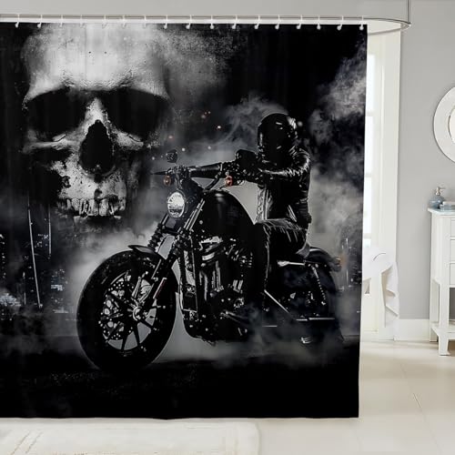 Schwarzer Motorrad-Reiter, Duschvorhang, grauer Totenkopf und Nebel, Dekoration, Badvorhang, Extremsport für Jungen, Jugendliche, Herren, Mikrofaser, Badezimmer, 183x190 cm (BxL) von Homewish
