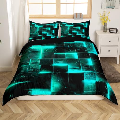 Schwarzes Teal Abstrakte Tröster Abdeckung Gradient Square Bett Set,Geometrie Grid 135x200 Bettbezug Neon Karierte Bettwäsche Set Glühende Plaid Bettbezug Moderne Zimmer Dekor (Schwarz Reversibel) von Homewish
