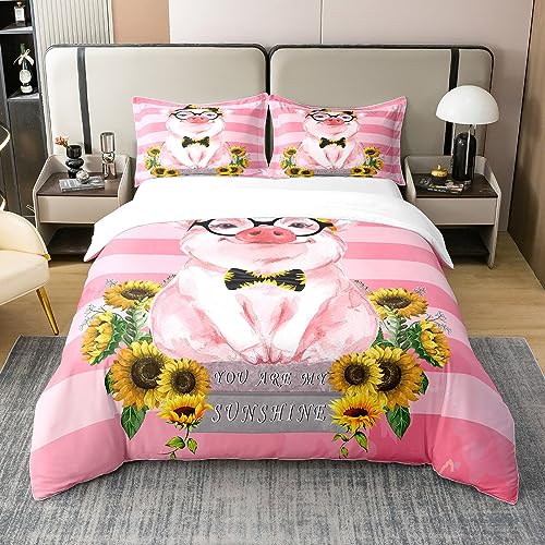 Schwein 100% Baumwolle Bettbezug 135x200,Kinder Rustikale Sonnenblumen Bettwäsche Set,Rosa Geometrische Gestreifte Tröster Bezug,Bauernhaus Tiere Land Pflanze Floral Quilt Cover mit 1 Kissenbezug von Homewish