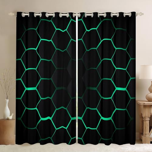 Sechseckige Vorhänge 3D Geometrische Wabenvorhänge,Vorhänge Modern Beehive Hexagon 30%-50% Verdunkelungs Vorhänge Neon Grün Schwarz Dekor Fenster Vorhänge 140Bx175L von Homewish