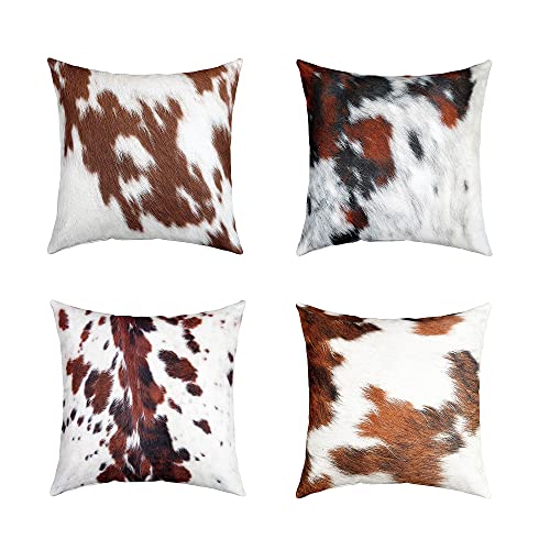 Set von 4 Kuhfell Wurfkissenbezüge 50x50, Kuhfell Kissenbezüge für Zuhause Wohnzimmer Dekor, Weiche Reversible Bauernhaus Western Wildlife Tierhaut Braun Weiß Schwarz Dekorative Wurfkissenbezüge von Homewish