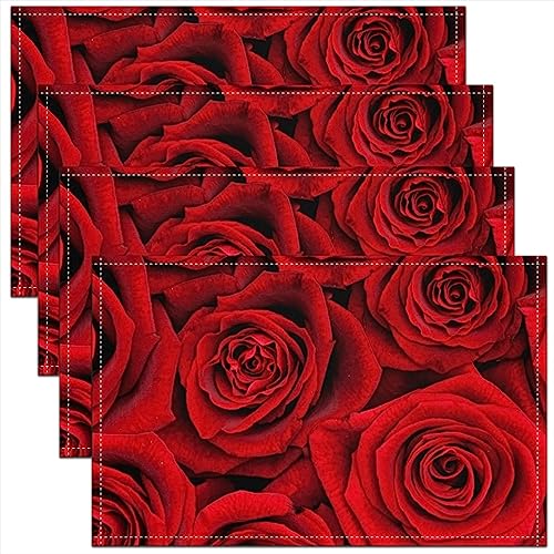 Set von 4 Valentinstag Platzmatten 45Wx30L,Rote Rose Tischsets,Romantische Rose Floral wasserdichte Tischsets,3D Rosenblüten Abwischbare Tischsets,Paar Botanische Blume Öl Beweis Waschbare Tischsets von Homewish