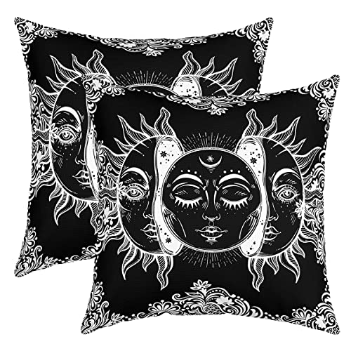 Sonne und Mond Dekorative Kissenbezüge, Boho Exotischer Stil Kissenbezüge für Draußen Zuhause Bett, Schwarz Weiß Bohème Mandala Dekor Kissenbezüge, Botanisch Floral Wurf Kissenbezüge, 45x45 Set von 2 von Homewish