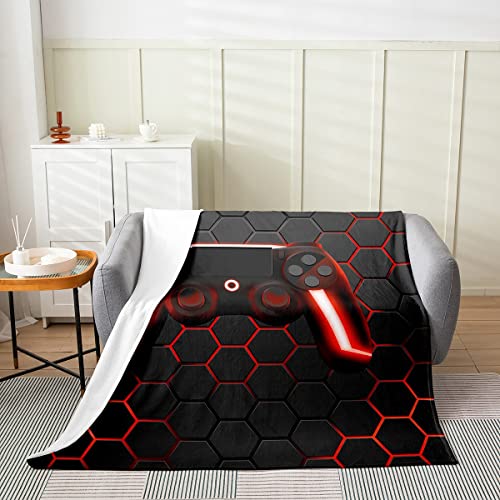 Spiel-Flanell-Decke für Jungen Teenager-Spielen-Überwurf Kinder-Gamer-Überwurf rote Neonlichter Gamepad-Geometrie Waben-Sechseck Plüschdecke leicht warm für Schlafsofa, Couch Dekoration, 150 x 200 von Homewish