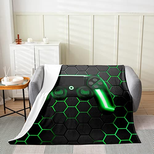 Spiel-Fleecedecke für Jungen Spielen-Flanelldecke für Kinder Gamer-Überwurfdecke für Schlafsofa Couch Dekoration grüne Neonlichter Gamepad Geometrie Waben-Sechseck Plüschdecke ganzjährig, 130 x 150 von Homewish