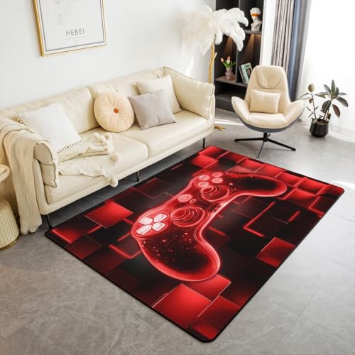 Spielkonsole für Kinder, Teppich für Wohnzimmer, 150 x 200, Spiele, Fußball, Videospiele, Wohnzimmer, Spielteppich, Neonlicht, quadratisch, geometrisches Gitter, rot, rutschfest, waschbar, Teppich für von Homewish