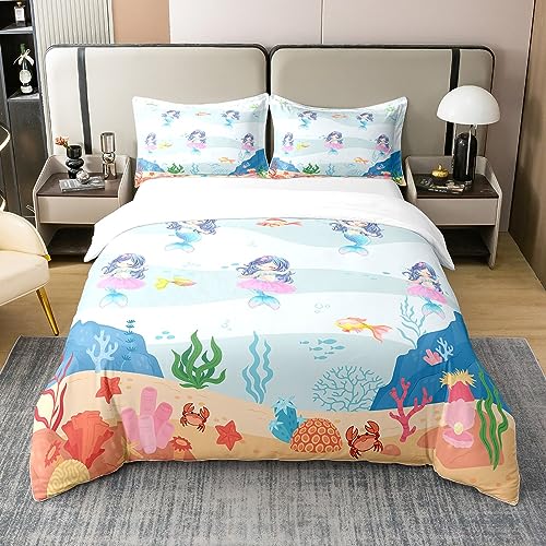 Süße Meerjungfrau 100% Baumwolle Bettbezug für Kinder Mädchen,Küstentier Bettwäsche Set,Meerjungfrau Schwanz Tröster Bezug 155x220,Coral Sealife Bettbezug mit 1 Kissenbezug Zimmer Dekor,Rosa Blau von Homewish