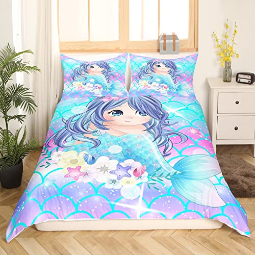 Süße Meerjungfrau BettwäSche 135 x 200 Mädchen Cartoon LäChelnde Meerjungfrau Bettwäsche-Set Kawaii Zimmerdekor für Kinder Teenager Blau Fischschuppen Bettbezug Glitzerndes Galaxie Schlafzimmerdekor von Homewish