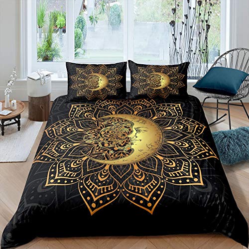 Sun Moon Bettbezug, Golden Mandala Trösterbezug Set, Bohemian Quilt Cover, Hippie Exotic Bettwäsche Set 200x200 1 Bettbezug mit 2 Kissenbezüge, Black Room Decorative von Homewish