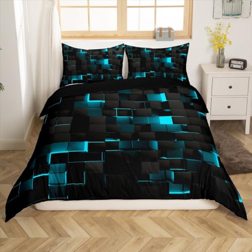 Teal und Schwarz Bettwäsche Sets 135x200,Neon Türkis Geometrische Check Tröster Abdeckung für Kinder Jungen Erwachsene Stereoskopische Abstrakte Plaid Gitter Bettbezug Geometrie Quadrat Bettwäsche von Homewish