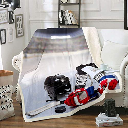 Homewish Teens Eishockey Werfen Decke,Jungen Puck Sherpa Decke 130×150,Sport Spiele Thema Flanell Fuzzy Decke Für Kinder Jugend Erwachsene Männer,Winter Match Grunge Plüsch Bettdecke Für Bett Couch von Homewish