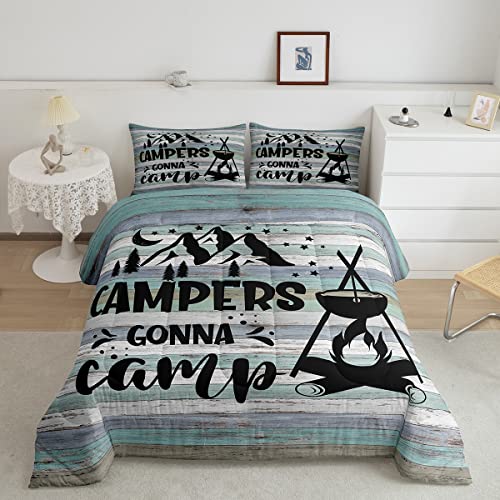 Teens Happy Camping Bettwäsche Set Camper Bettwäsche für Kinder Jungen Mädchen Schlafzimmerdekor Skizze Zeichnung gesteppte Bettdecke rustikales Bauernhaus alte Scheunentor Bettwäsche,135 x 200 cm von Homewish