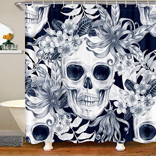 Teens Sugar Skull Duschvorhang, Exotische Blumenblätter Badevorhang, Skelettknochen Gothic Spooky Badezimmer Duschvorhänge, Stoff Stoff Badezimmer Dekor Set mit Haken, Grauweiß, 180x180 (BxL) von Homewish