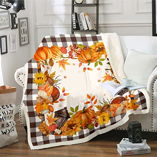 Thanksgiving Decke Herbst Kürbispilze Decke Werfen 130 x 150 für Kinder Brauner Geometrischer Büffel Plaid Fleece Decke Herbst Erntezeit Sherpa Decke Herbstdekorationen für Zuhause Schlafzimmer von Homewish