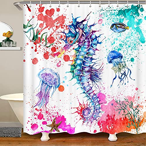 Tie Dye Badezimmer-Sets Seepferdchen Quallen Duschvorhang Hippocampus Seestern Ozean Tiere Badevorhang Für Kinder Mädchen Marine Life Coastal Stoff Duschvorhang-Sets Wasserdicht 180x180 (BxL) von Homewish