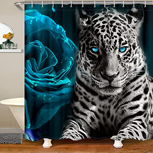 Tiger Duschvorhang, Rose Blume Bad Vorhang Wildlife Theme Bad Duschvorhang Afrikanische Safari Tier Vorhang Sets Romantische Blumen Stoff Stoff Bad Dekor Set Mit Haken, 180X200 von Homewish